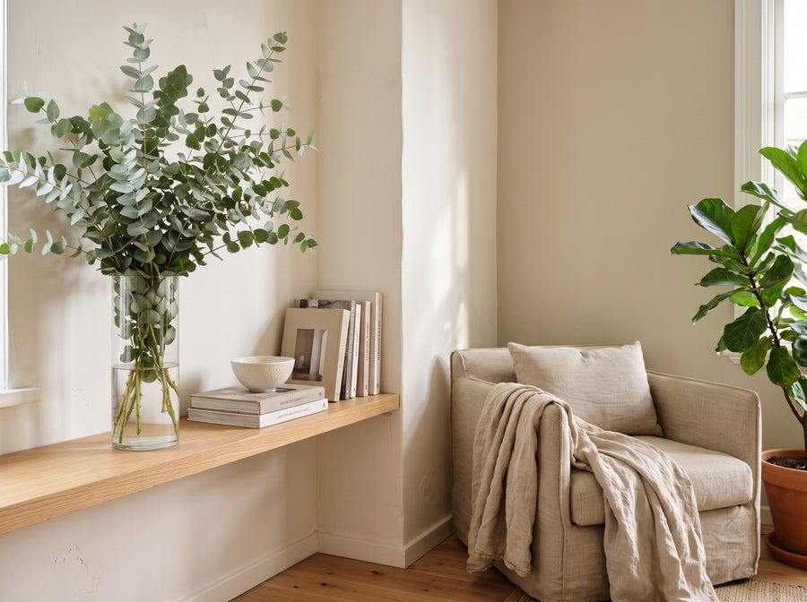 Rincón de salón con un jarrón de eucalipto sobre una repisa de madera junto a un sillón